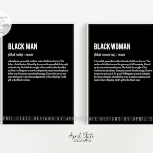 Black Man and Woman Definition Print Set, Typography, Melanin, Black Family, Above the bed art, Beautiful Black Art, Set of 2 prints image 1