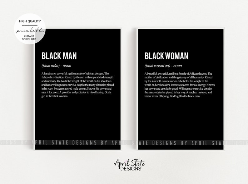 Black Man and Woman Definition Print Set, Typography, Melanin, Black Family, Above the bed art, Beautiful Black Art, Set of 2 prints image 1