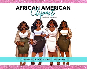 Curvy Fashion Clipart, Plus Size ClipArt, Black Girl ClipArt, African American Girl Clipart, Digital Planner Stickers, Brown Skin Girls