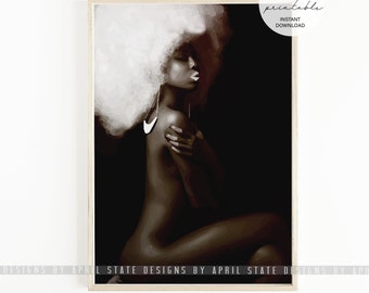 Natural Hair Afro Print, female figure print, black female illustration art, curly hair art, ethnic hair art, dark skin wall art, sexy woman