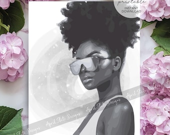Stylish Black Woman Afro Printable Art - African-American Black Female Illustration Wall Art - Curly Kinky Natural Hair Digital Home Decor