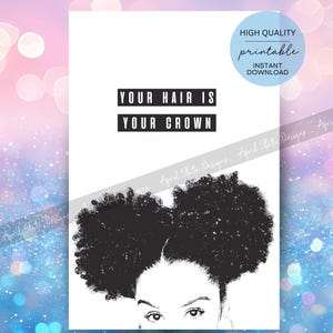 Black Girl Your Hair is Your Crown Printable Art - Curly Natural Hair Empowerment Wall Art - African American Afro Hair Digital Download Art