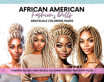 Fashion Dolls Clipart (12) | Black Girl Locs |  | Beautiful African American Women Illustration | Grayscale Coloring Pages | Planner Girls