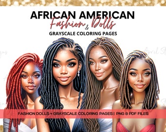 Fashion Dolls Clipart (12) | Black Girl Locs |  | Beautiful African American Women Illustration | Grayscale Coloring Pages | Planner Girls