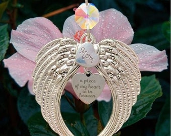 A Piece Of My Heart Is In Heaven Mom Memorial Suncatcher Guardian Angel Wings For Car Charm Loss of Mother Rear View Mirror Accessories Gift