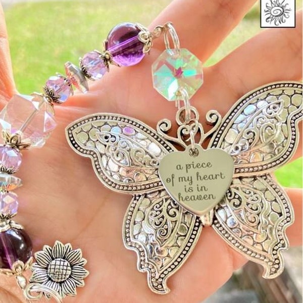 A Piece Of My Heart Is In Heaven Butterfly For Car Charm Memorial Suncatcher Hanging Rear View Mirror Accessories Crystal Ornament Loss Gift