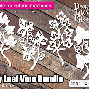 May include: Four white cut files of ivy leaf vines, with the text "Ivy Leaf Vine Bundle" and "4 patterns" below the images. The text "Deanery Blooms" and "Leeanty" is in the top right corner of the image. The text "SVG-DXF-PDF" is in the bottom right corner of the image.