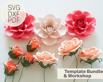 Paper rose and rosebuds SVG template, Valentine's Day paper flower with stem, Paper crafts, digital template Cricut, Cameo Silhouette