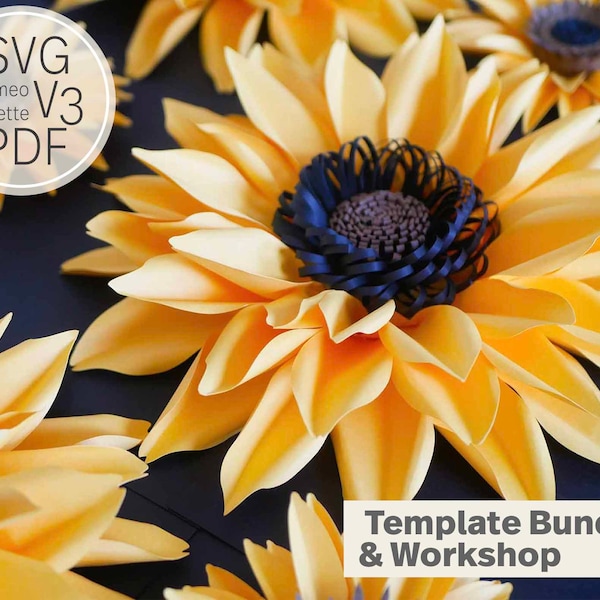 Nikki Paper Sunflower Template| SVG PDF and Silhouette V3| Online workshop| large Paper flower pattern Cricut & Cameo| DIY flower backdrop