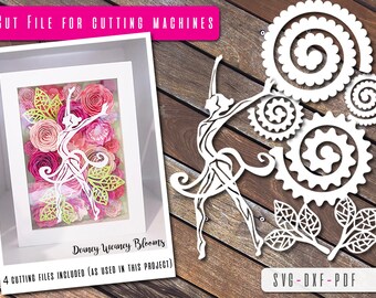 Dancer and paper flowers SVG, PDF and DXF template Bundle for paper flower decor, vynil sticker, rolled paperflower, digital template