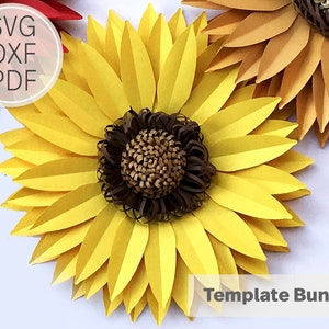 Gabarit de tournesol en papier de 12 pouces | SVG, DXF et PDF| Atelier en ligne| Cricut et silhouette camée| Bricolage fleur en papier