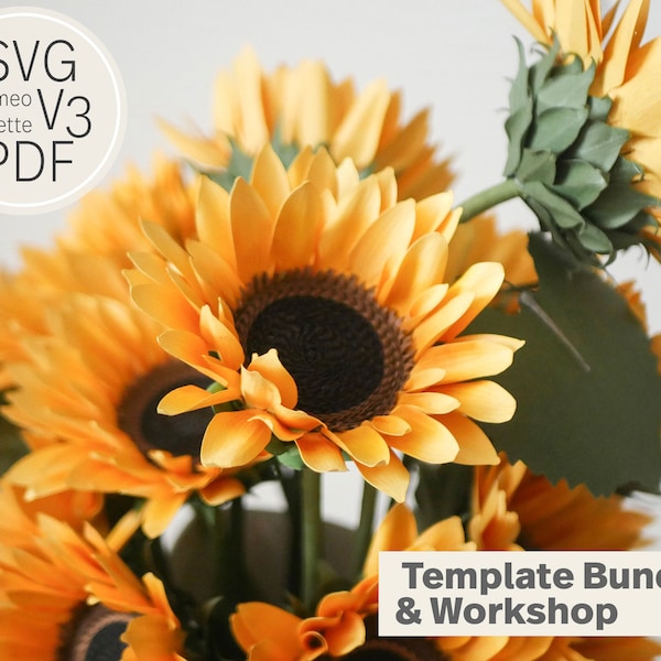 5 Inches Lizzy Paper Sunflower Template| SVG PDF and Silhouette V3| Online workshop| Paper flower Cricut & Cameo| DIY flower bouquet