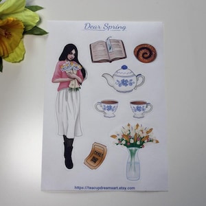 Lieve lente, lentestickers, stickervel, meisje, bloemen, thee, theekopjes, boeken,