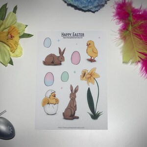 Felices Pascuas, Hoja de pegatinas, Decorar para Pascua, Conejo de Pascua, Pollitos, Narciso, Huevo, Huevos