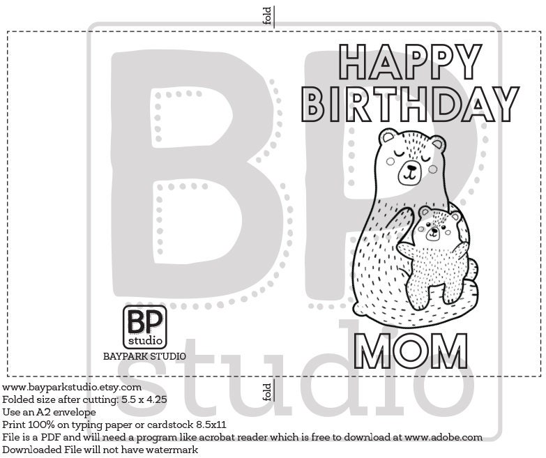 birthday card for mom printable coloring birthday card etsy