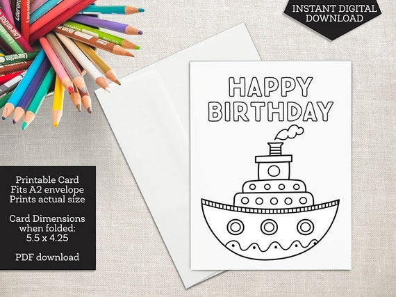 Boat Birthday Printable Coloring Card Colorable Handrawn | Etsy