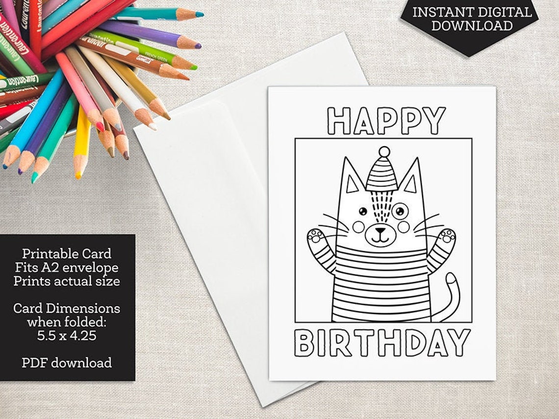 Cat Birthday Printable Coloring Card Colorable Handrawn Cat | Etsy