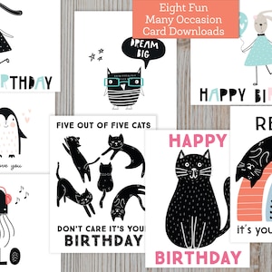 Alle gelegenheidskaarten, 8 afdrukbare downloadkaarten, verjaardag, motiverend, ik hou van je, A2 afdrukbaar, Cat Lady verjaardagskaart, Joke Cat-kaart