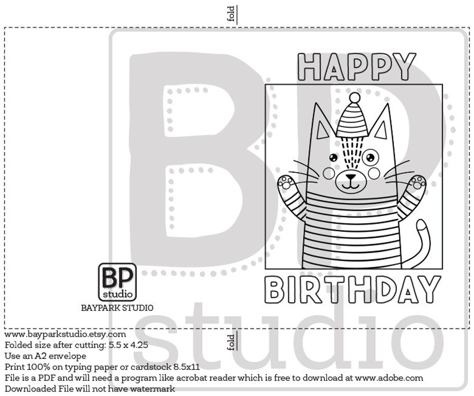 Cat Birthday Printable Coloring Card Colorable Handrawn Cat | Etsy