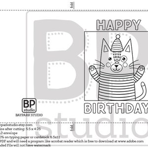 Cat Birthday Printable Coloring Card Colorable Handrawn Cat | Etsy
