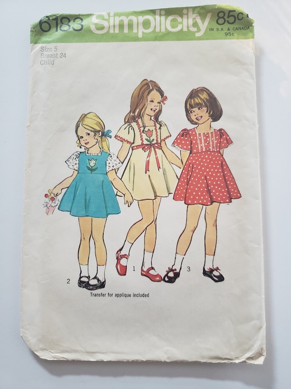 Size 5 Breast 24 Simplicity 6183 1973 Girls Short Sleeve Dress Vintage Pattern