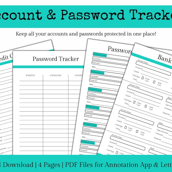 Account and Password Tracker, Bank Account Information Sheet, Credit Card Log, Password Log, Digital Planner Template for Goodnotes on ipad