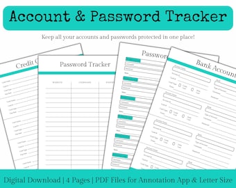 Account and Password Tracker, Bank Account Information Sheet, Credit Card Log, Password Log, Digital Planner Template for Goodnotes on ipad