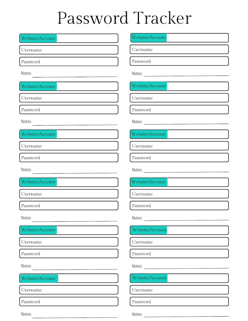 Account and Password Tracker, Bank Account Information Sheet, Credit ...