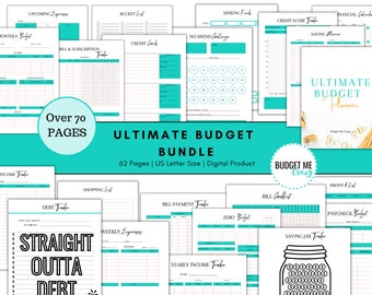 May include: A teal and white printable budget planner bundle with the title "Ultimate Budget Bundle" and the text "Over 70 Pages" and "Budget Me Crazy".