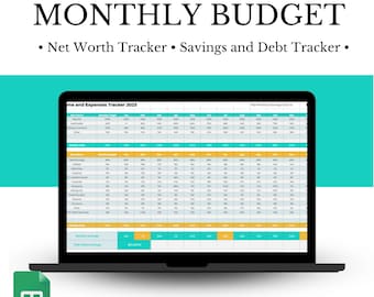 May include: A laptop computer screen displaying a Google Sheets spreadsheet with a monthly budget tracker. The spreadsheet has two tabs, one for income and expenses and one for savings. The spreadsheet is titled "Income and Expenses Tracker 2023".