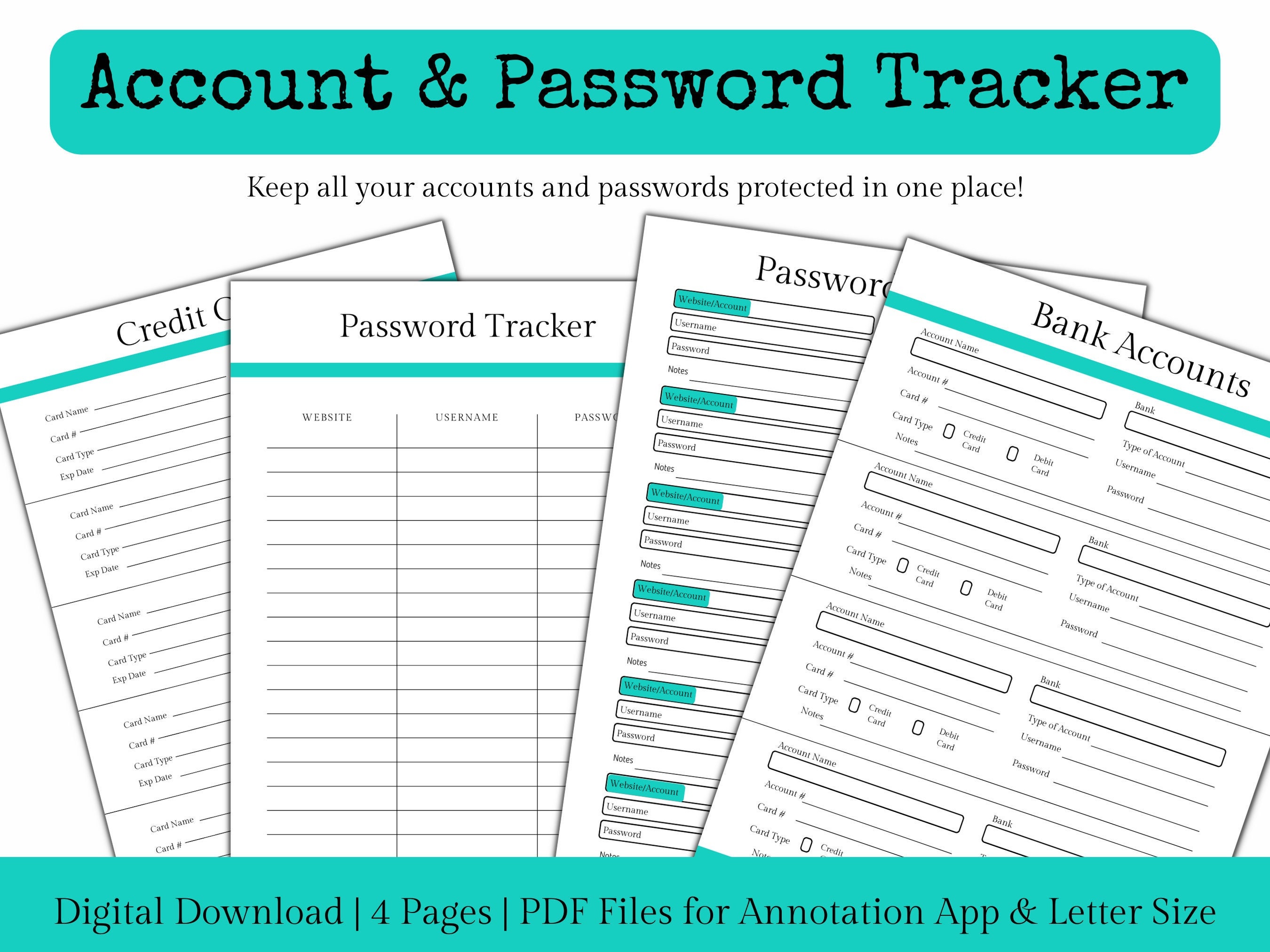Account and Password Tracker, Bank Account Information Sheet, Credit
