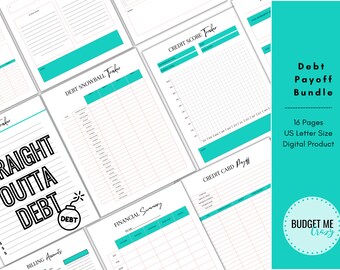 May include: A teal and black printable debt payoff bundle with 16 pages. The bundle includes a debt snowball tracker, credit score tracker, credit card payoff tracker, and a financial summary tracker. The text "Straight outta debt" is featured on the cover.