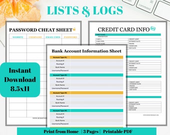 Lists & Log Printables, Bank Account Information Sheet, Credit Card Info Log, Password Cheat Sheet