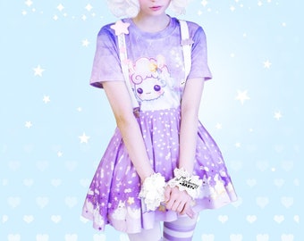 Alpaga étoile filante - Set [Tshirt + jupe] - Alpaga kawaii mignon, étoiles de lune, yume kawaii, fairy kei, ciel lavande, violet - T3S11