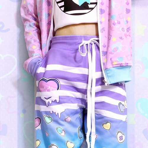 Broken hearts - Unisex jogger pants - menhera, pastel goth, heart candy, harajuku, purple blue sweatpants -  JP3