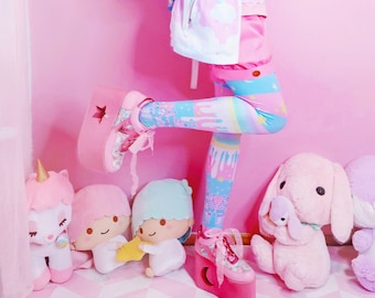 Milky rainbow - Casual leggings - kawaii sweet, fairy kei, pastel, pink and blue striped, melty, stars, yume kawaii - CL3