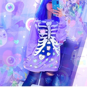 Broken hearts Unisex sweatshirt Rib cage, kawaii cute , purple, pastel goth, menhera, yami kawaii, skeleton, harajuku SS17 image 1