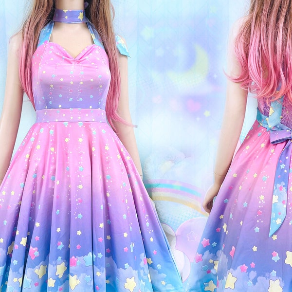 Princess - Halter swing dress - Kawaii stars,  cute pastel, pink blue purple sky, fairy kei, yume kawaii, sweet, fantasy, dreamy -  HD1