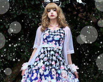 Alice in wonderland (black) - cute kawaii skater dress, fairy kei skater dress, all over print skater dress, fantasy dress -  SD33