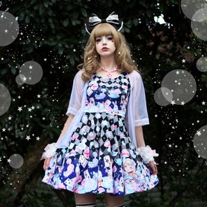 Alice in wonderland (black) - cute kawaii skater dress, fairy kei skater dress, all over print skater dress, fantasy dress -  SD33