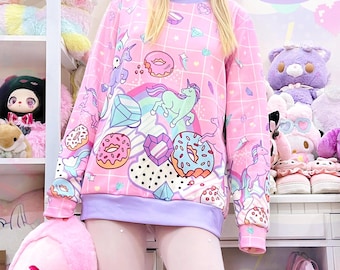 Reino de unicornios de cristal - Sudadera unisex - Lindos unicornios, yume kawaii, fairy kei, donas kawaii, rosa pastel, harajuku - SS1