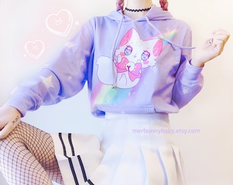 Starlight Kitty - Übergroßer Kapuzenpullover - süßer Katzen-Lila-Hoodie, Kawaii-Regenbogen-Hoodie, Kätzchen mit rosa Schleife, Lavendel-Kapuzenpullover - HM1