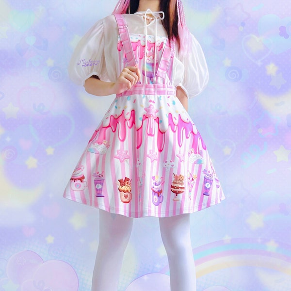 Sweetland - Robe tablier - Nourriture kawaii, milkshake mignon, bonbons, glaces, fairy kei, yume kawaii, robe salopette rose pastel - AD3