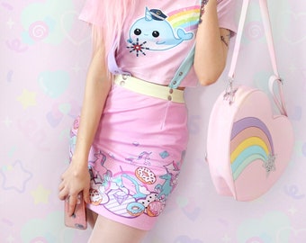 Crystal unicorn kingdom - Suspender bodycon skirt - kawaii cute pastel, yume kawaii, fairy kei, pink, donuts, harajuku braces skirt - SBS1