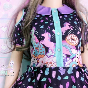 Crystal unicorn kingdom - Cut out shoulder dress - fairy kei, casual lolita, yume kawaii, gems, donuts, cute cotton collar dress -  CD1