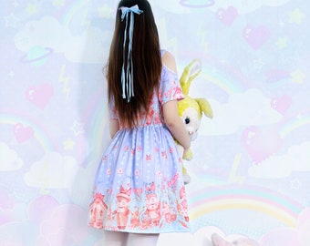 Spring bunnies - Cut out shoulder dress - Fairy kei, casual lolita, yume kawaii, cute rabbits, pastel light purple, ester eggs, tulips - CD7