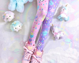 Sweethearts - Leggings/Collants - fairy kei, lolita, yume kawaii, bonbons coeurs, paillettes, pastel, doux mignon, rose violet - Lg11/Tg11