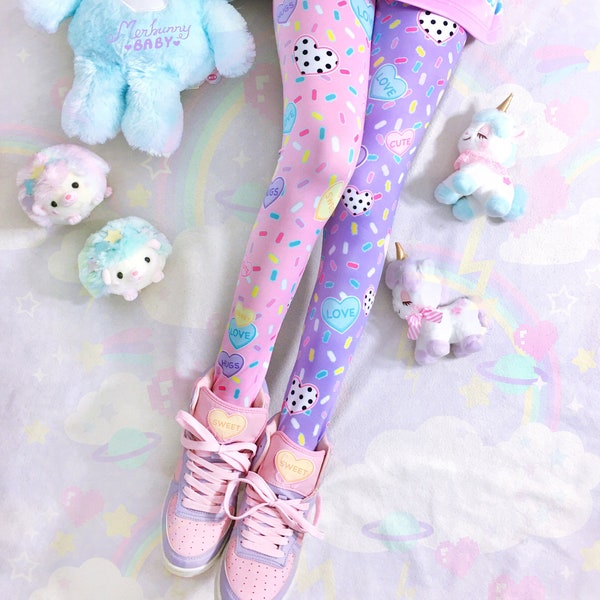 Sweethearts - Leggings/Tights - fairy kei, lolita, yume kawaii, heart candies, sprinkles, pastel, sweet cute, pink purple - Lg11/Tg11