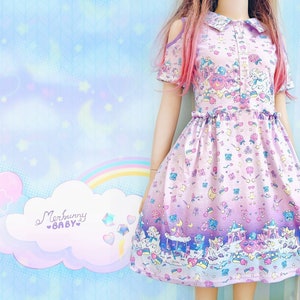 Celestial fun fair - Cut out shoulder dress - Fairy kei, casual lolita, yume kawaii, cute animals, pastel sky [collab with Diccha] - CD5