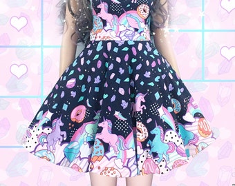 Crystal unicorn kingdom - skater dress - fairy kei, casual lolita, yume kawaii, gems, donuts, rainbow, pastel harajuku cute dress -  SD38